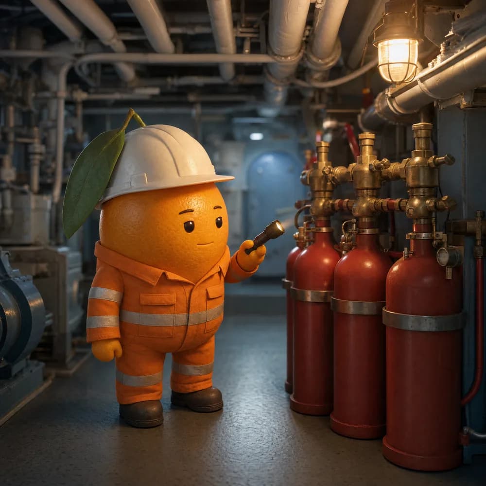 A Kumquat Marine technician with a torch examining a bank of fixed firefighting system cylinders and their valve manifold in a ship's engine room.