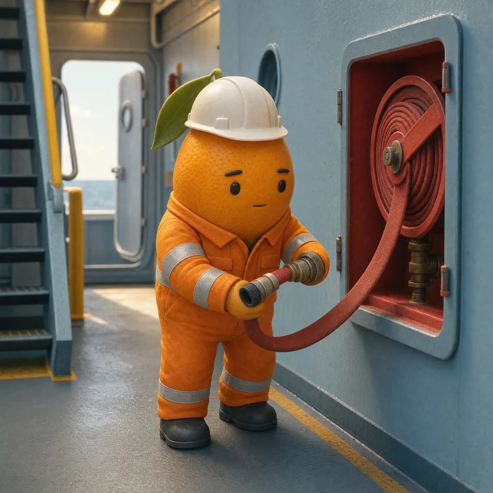 A Kumquat Marine technician inspecting the nozzle of a fire hose reel recessed into a ship's bulkhead.