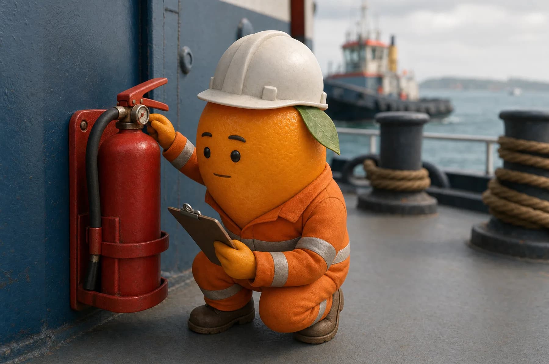 A Kumquat Marine technician in hi-vis coveralls and a hard hat, crouched on a tug's deck checking the pressure gauge of a bulkhead-mounted fire extinguisher.