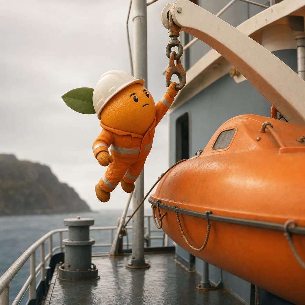 A Kumquat Marine technician inspecting the release hook on a lifeboat in its davit.