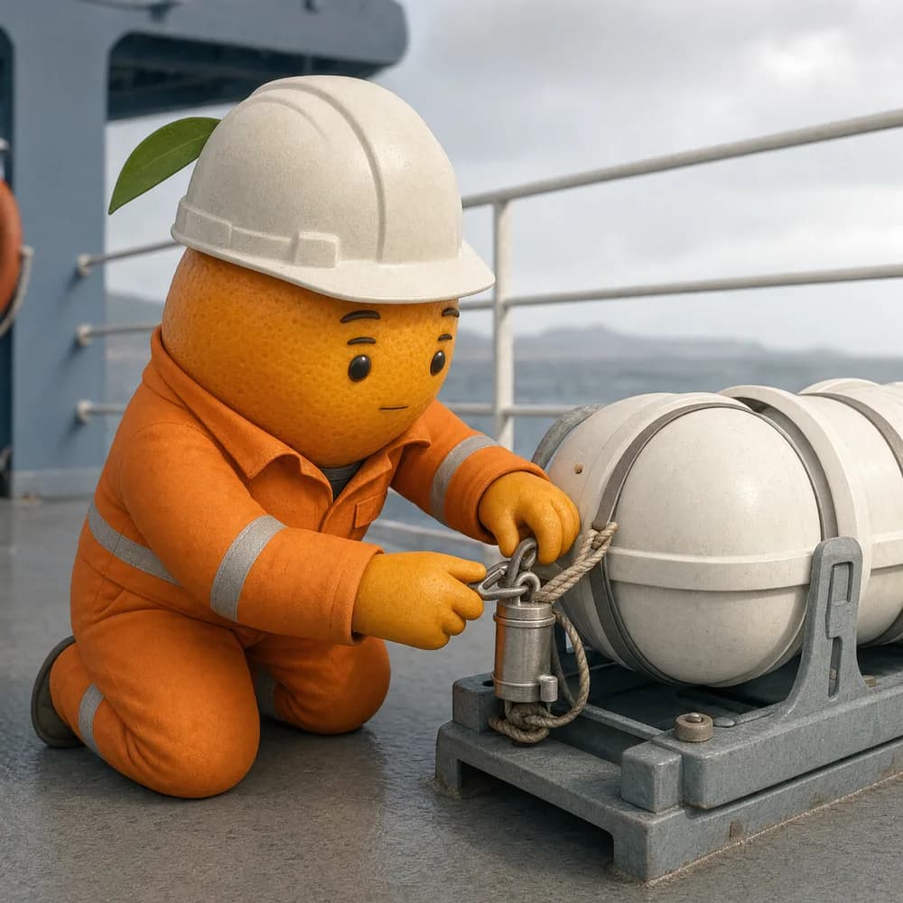 A Kumquat Marine technician checking the hydrostatic release unit on a liferaft canister.